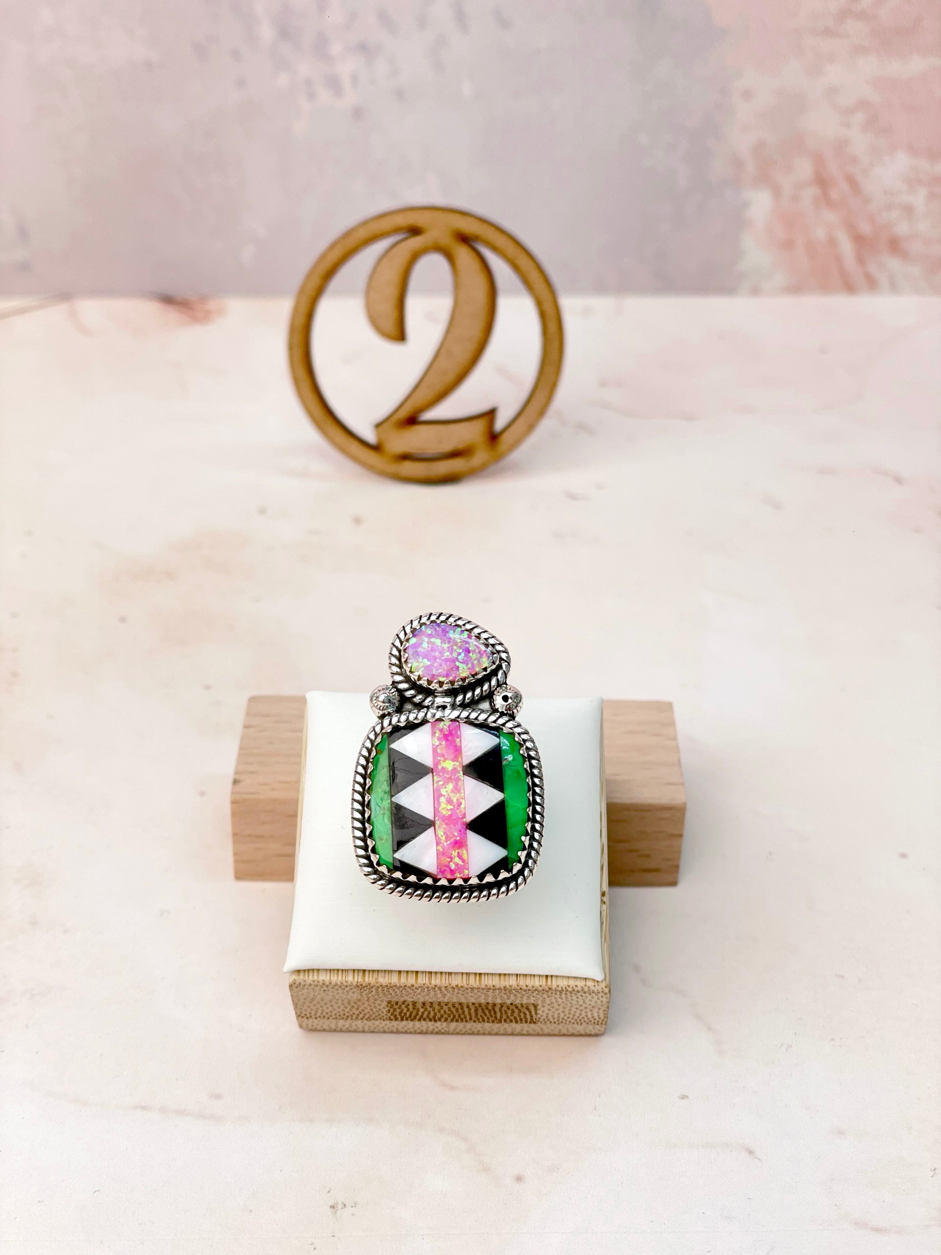 Fiery Pink Opal Aztec Pattern Mixed Rings-Rings-Krush Kandy, Women's Online Fashion Boutique Located in Phoenix, Arizona (Scottsdale Area)