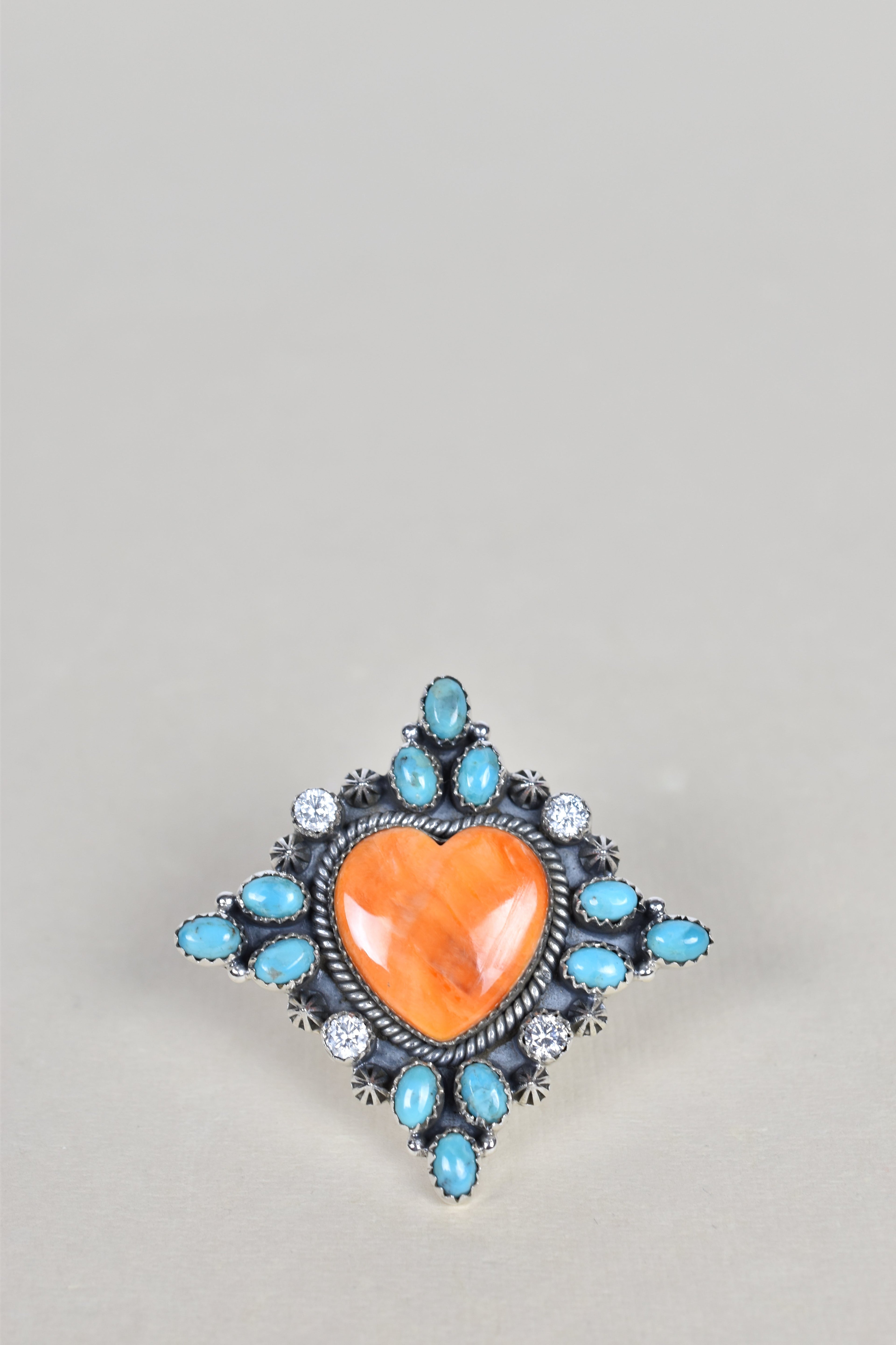 Orange Spiny Oyster Heart, Turquoise & Crystal One of A Kind Ring-Cluster Rings-Krush Kandy, Women's Online Fashion Boutique Located in Phoenix, Arizona (Scottsdale Area)