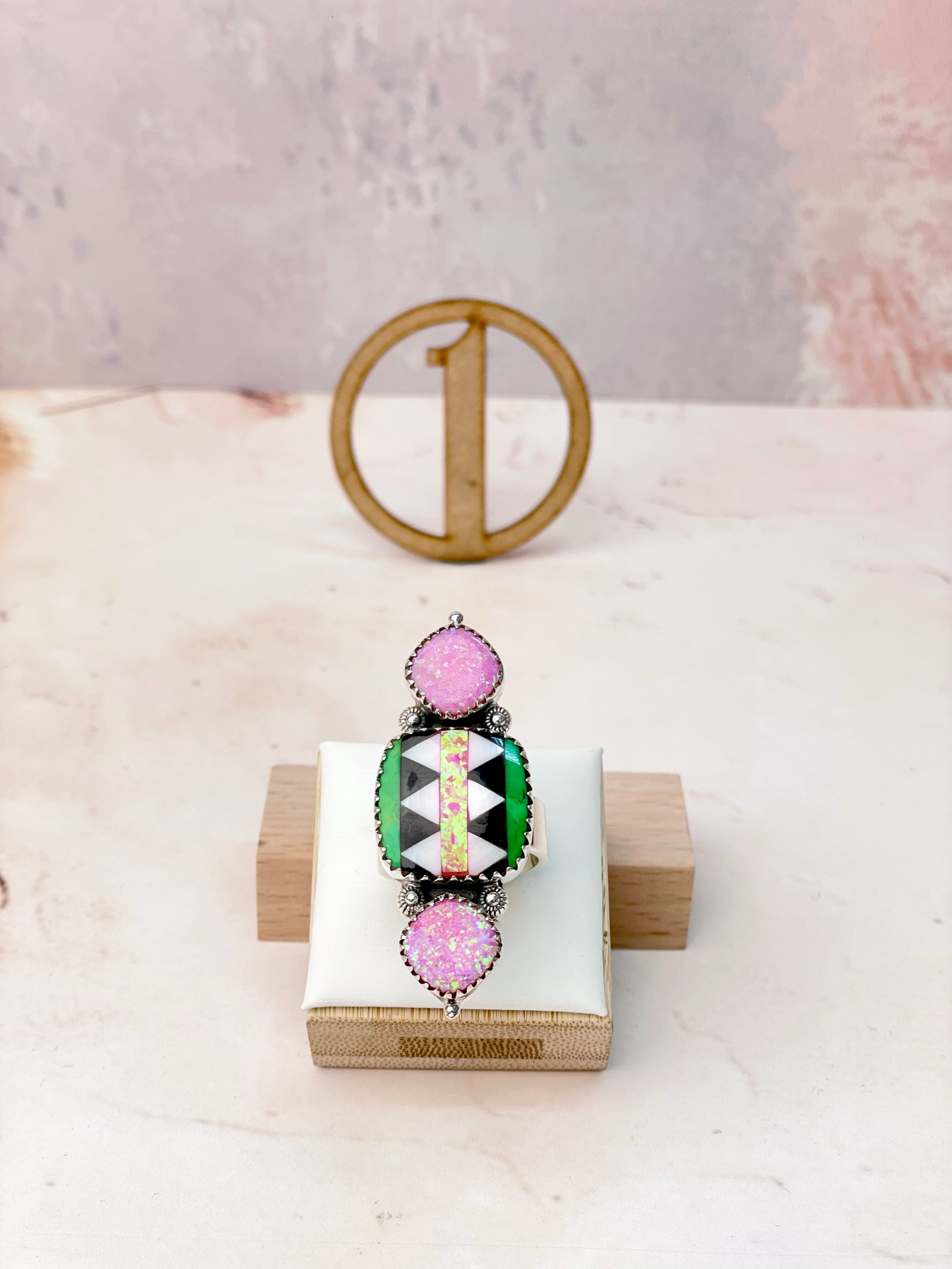 Fiery Pink Opal Aztec Pattern Mixed Rings-Rings-Krush Kandy, Women's Online Fashion Boutique Located in Phoenix, Arizona (Scottsdale Area)
