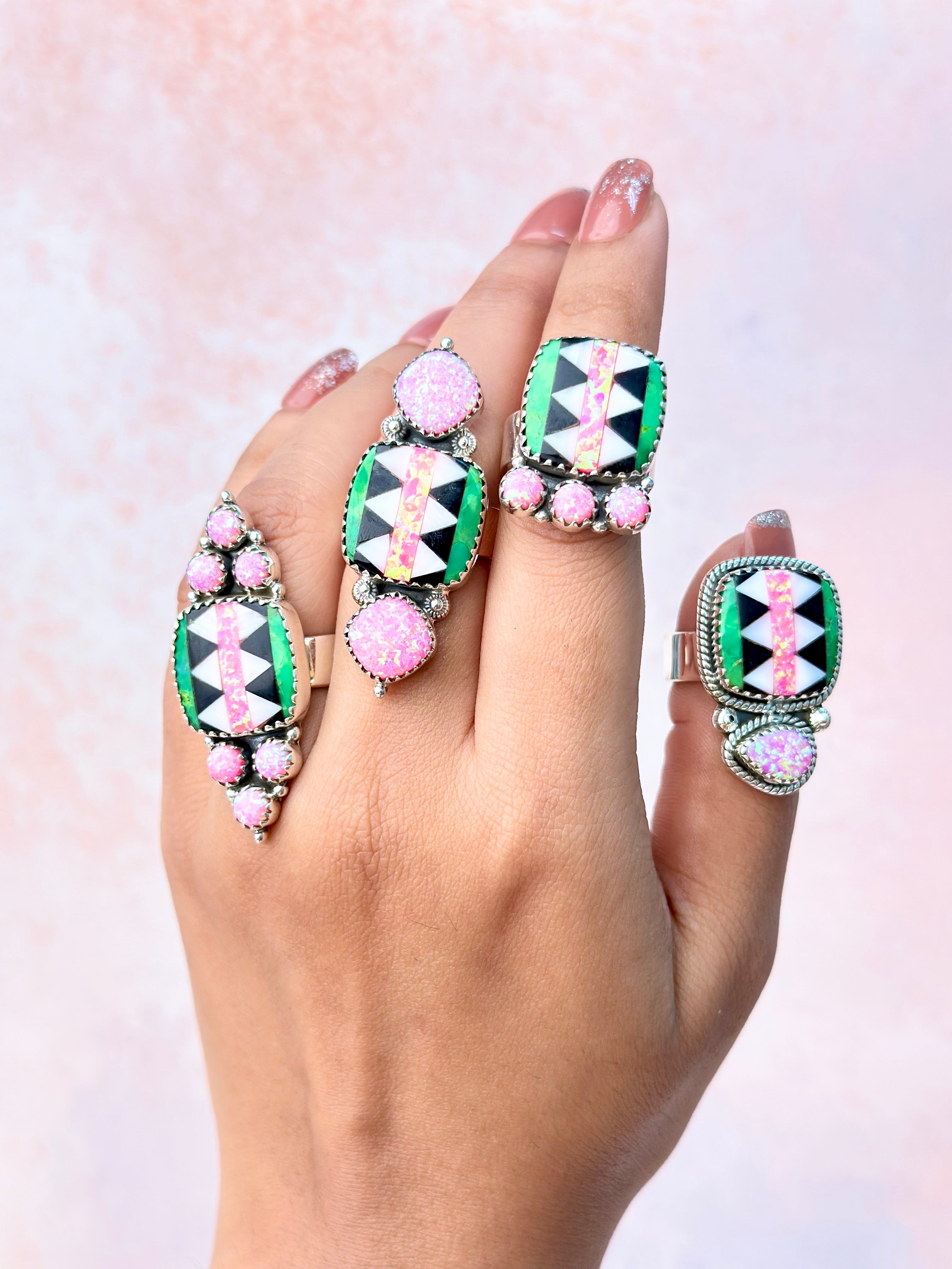Fiery Pink Opal Aztec Pattern Mixed Rings-Rings-Krush Kandy, Women's Online Fashion Boutique Located in Phoenix, Arizona (Scottsdale Area)